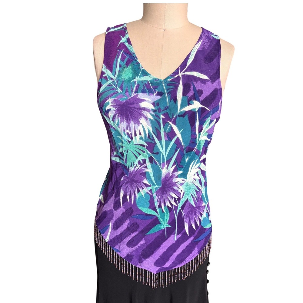 Phool Tank Top Womens Medium Purple Tropical Floral Beaded Fringe V-Neck Rayon